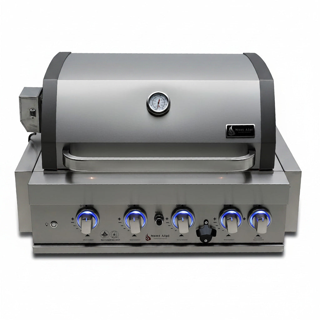 Premium 32"W X 23"D X 21"H Stainless Steel 4-Burner 63000 Btus Outdoor Kitchen Kitchen Island Heavy Duty Propane Built-In BBQ Grill Head with Infrared Rear Burner + Rotisserie Kit + Cover