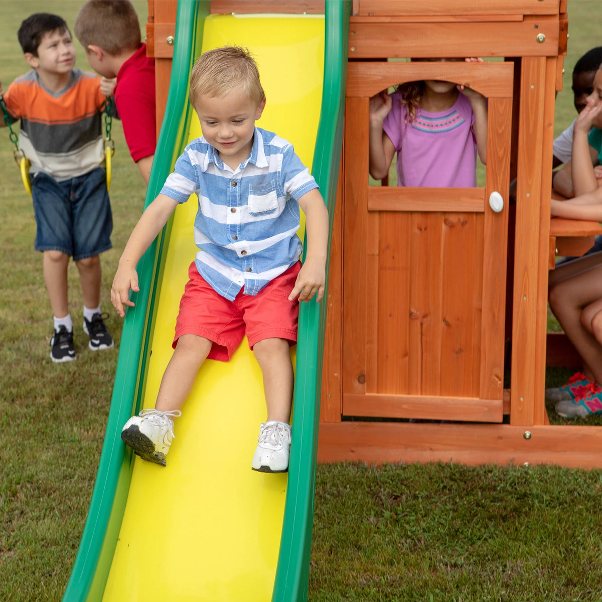Oakmont Cedar Wooden Swing Set with 4 Foot Dek Height.