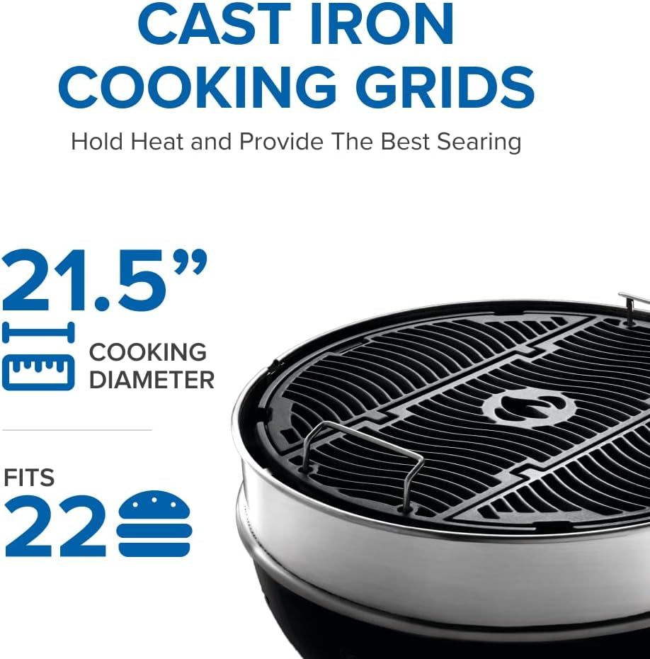 PRO22 Professional Charcoal Kettle Grill, Black, Porcelain-Enameled Lid and Bowl, Chrome-Plated Cooking Grid