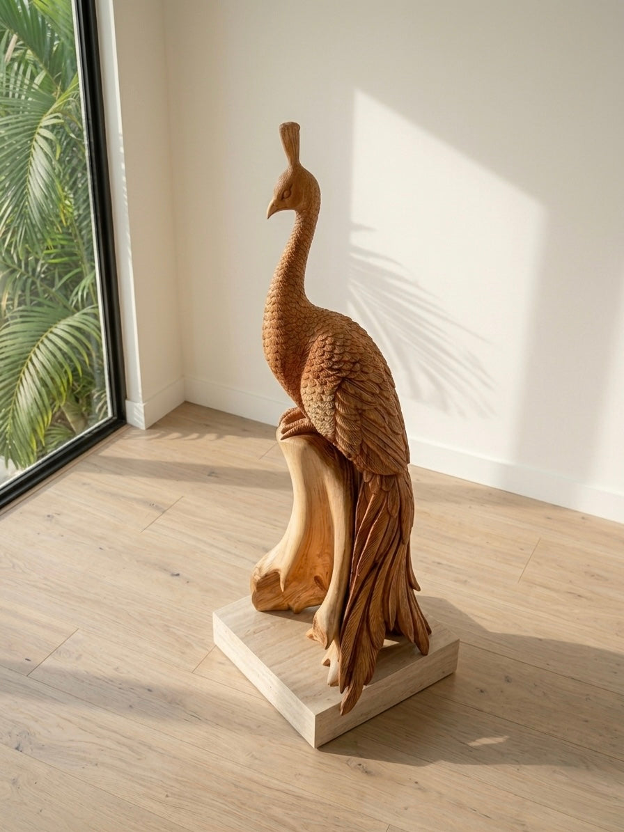 Hand-Carved Teak Peacock Sculpture