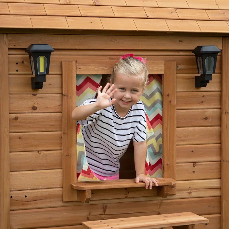 Aspen Cedar Wooden Kids Playhouse with Play Kitchen, Snack Bar Window, and Picnic Bench
