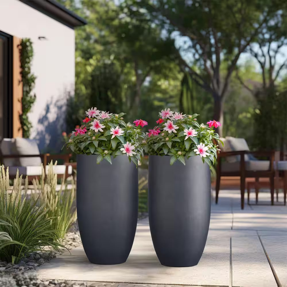 Lightweight 13.5 In. Dia Tall Large Granite Gray Large round Concrete Planter/Flower Pot for Indoor & Outdoor (Set of 2)
