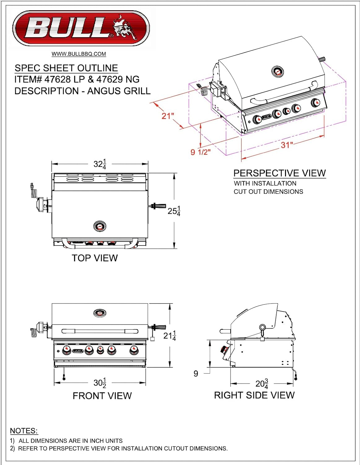 BBQ 47628 Angus 75,000 BTU Grill Head, LP, 304 Stainless Steel, 4 Burners, 810 Sq. Inches, Twin Lights, Rotisserie Kit
