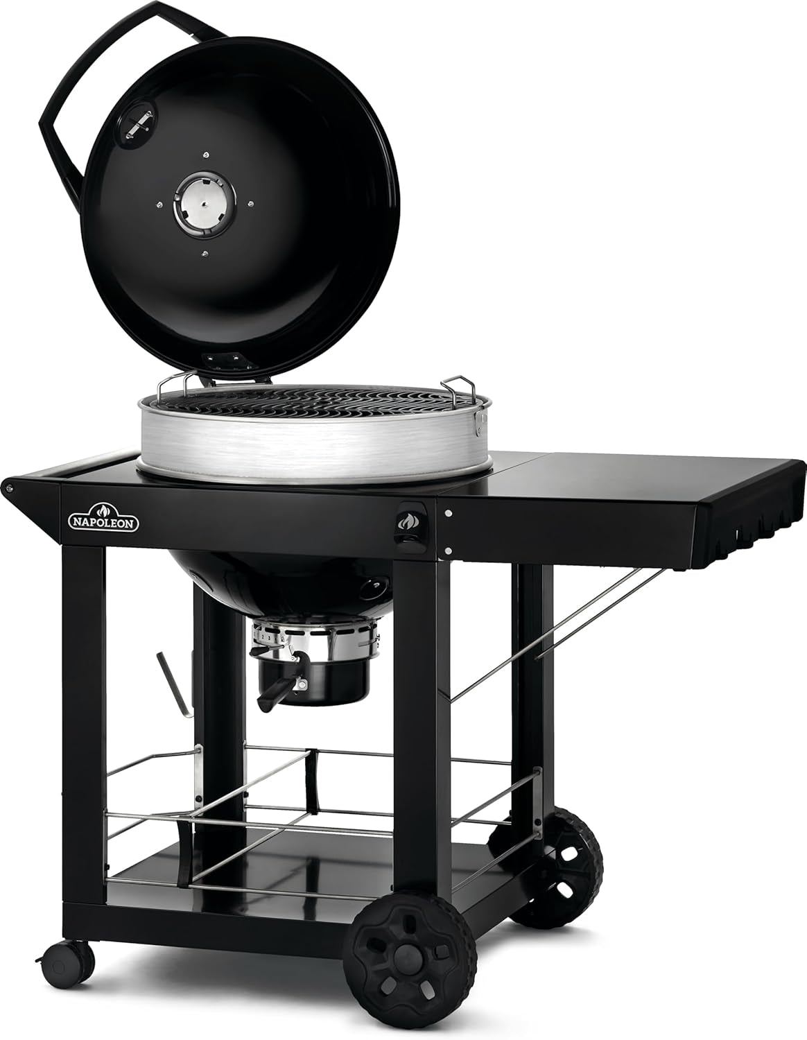 PRO22 Charcoal Kettle Grill with Folding Cart, Black, Porcelain-Enameled Lid and Bowl, Chrome-Plated Cooking Grid