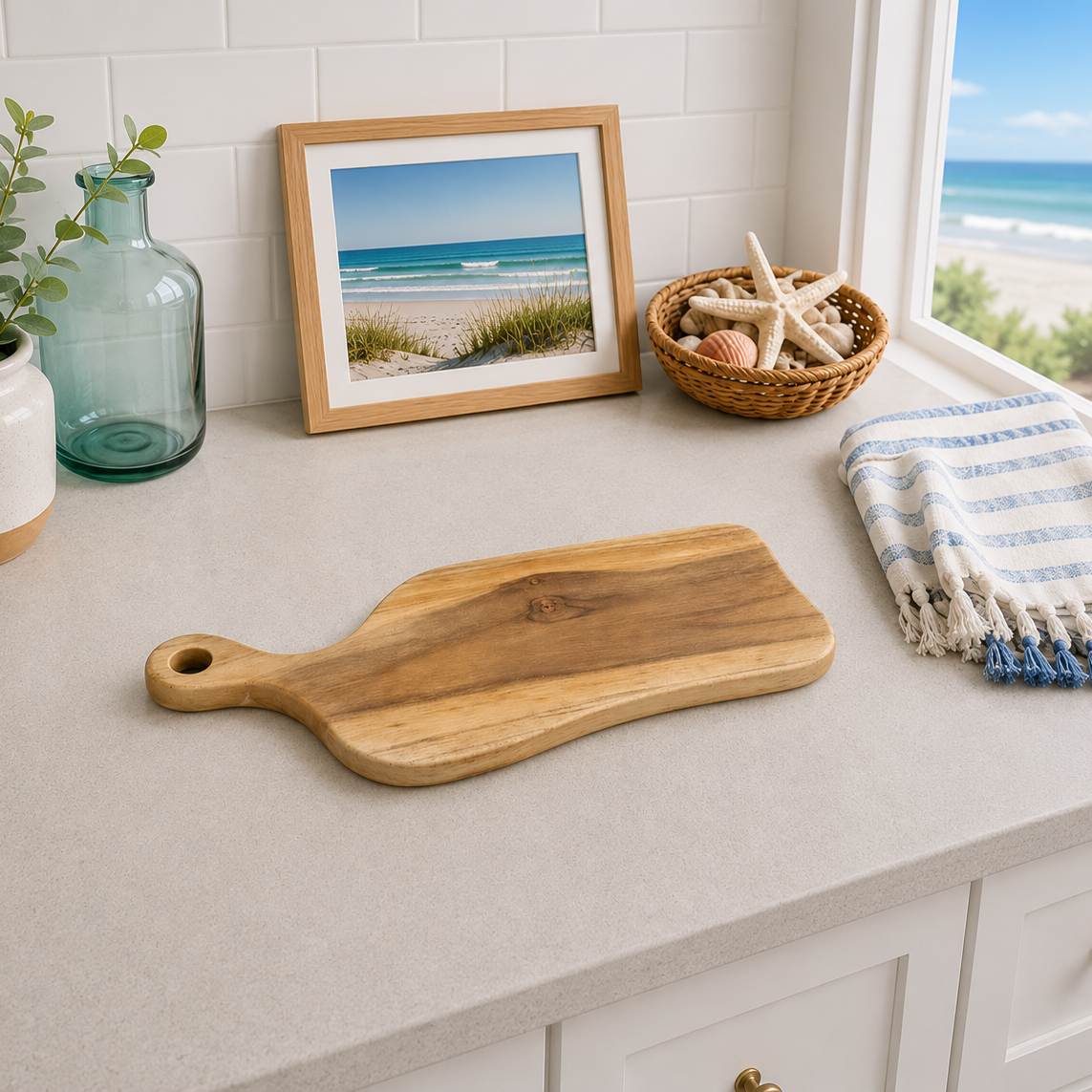 A wooden cutting board with a handle is displayed on a light beige countertop in a styled kitchen setting. The scene includes a potted green plant in a white and brown ceramic pot, a translucent teal glass bottle, a framed beach photograph, a small woven basket with starfish and seashells, and a blue and white striped fringed towel.