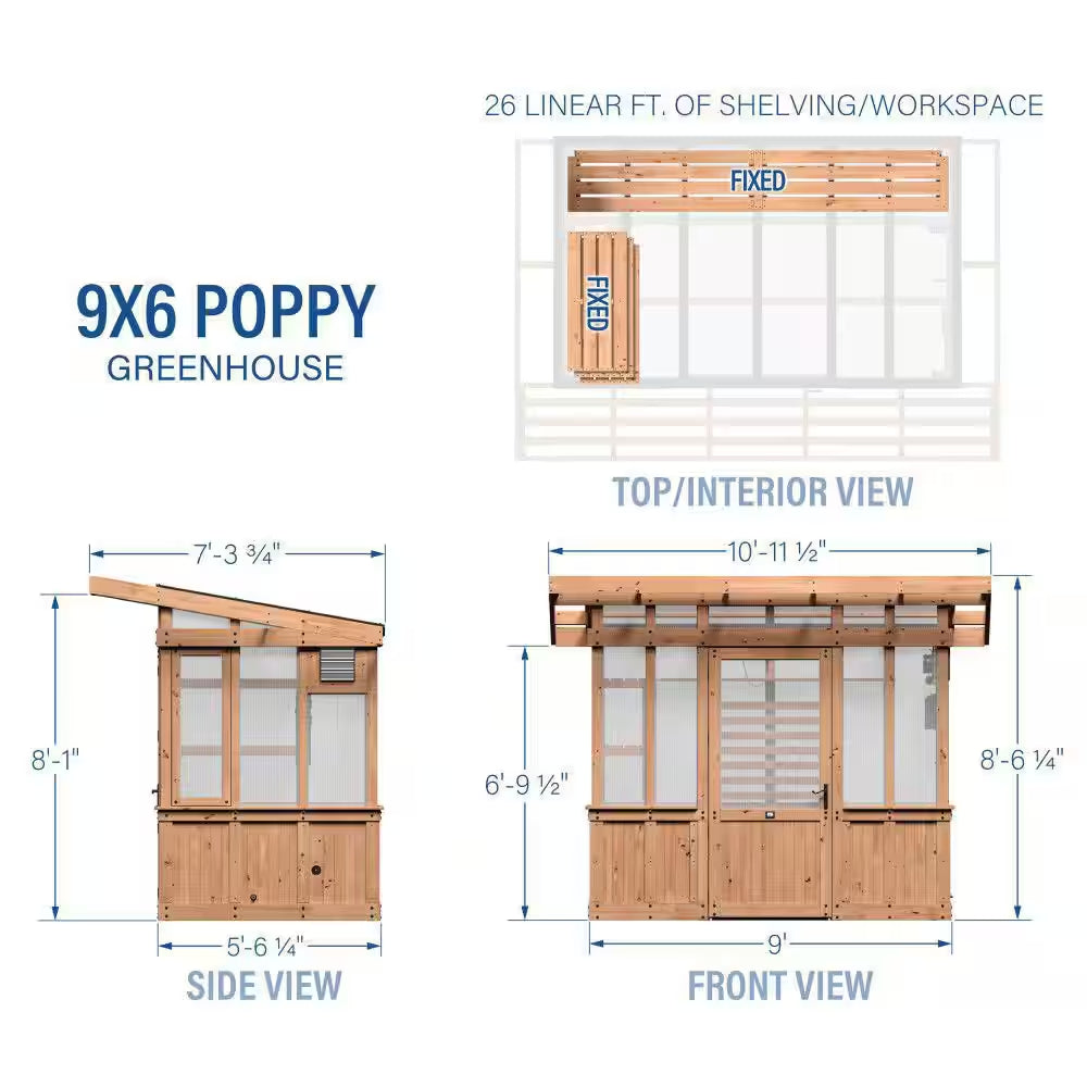 Poppy 9 Ft. W X 6 Ft. D X 8 Ft. H Cedar Wood and Polycarbonate Light Brown Walk-In Outdoor Greenhouse Kit W/ Powerport