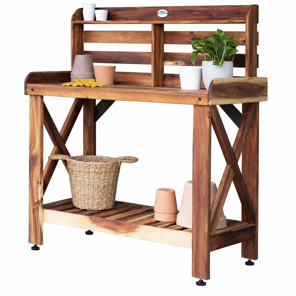 Backyard Discovery 47" Acacia Wood Garden Potting Bench & Serving Bar with Lower Storage Shelf, Leveling Feet, All-Weather Farmhouse Design for Patio, Deck, Porch, Kitchen, Dining Room