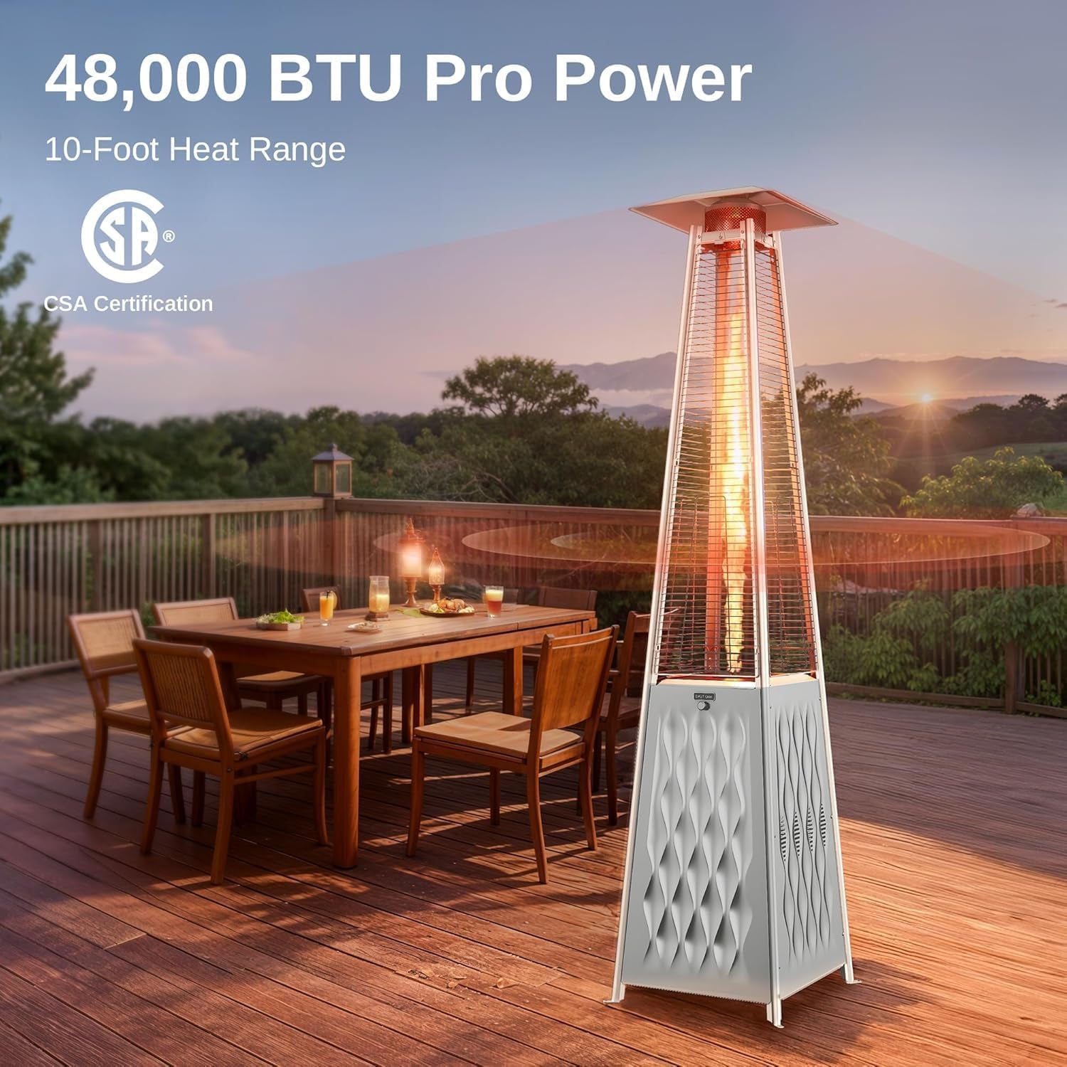 48,000 BTU Pyramid Patio Heater, Quartz Glass Tube Propane Outdoor Heater with Wheels, Triple Safety Protection, 2025 Upgrade for Home, Backyard & Commercial Spaces, Stainless Steel