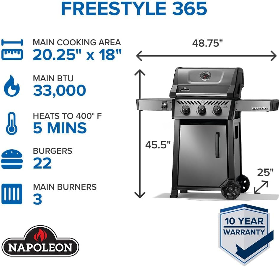Freestyle 365 Propane Gas Outdoor Grill, Graphite Grey – 3-Burner BBQ with Porcelain Coated Cast Iron Iconic WAVE™ Cooking Grids