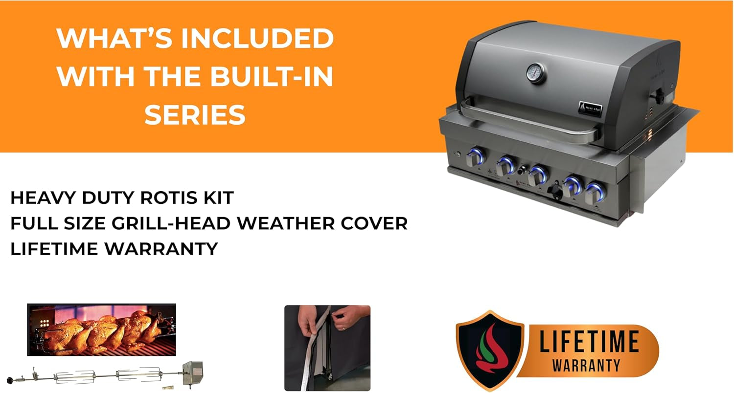 Premium 32"W X 23"D X 21"H Stainless Steel 4-Burner 63000 Btus Outdoor Kitchen Kitchen Island Heavy Duty Propane Built-In BBQ Grill Head with Infrared Rear Burner + Rotisserie Kit + Cover