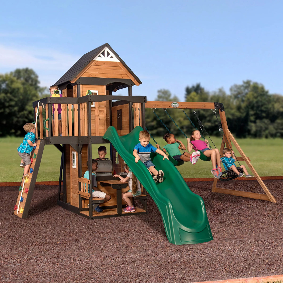 Canyon Creek Cedar Wood Swing Set, Slide, Clubhouse, Rock Wall