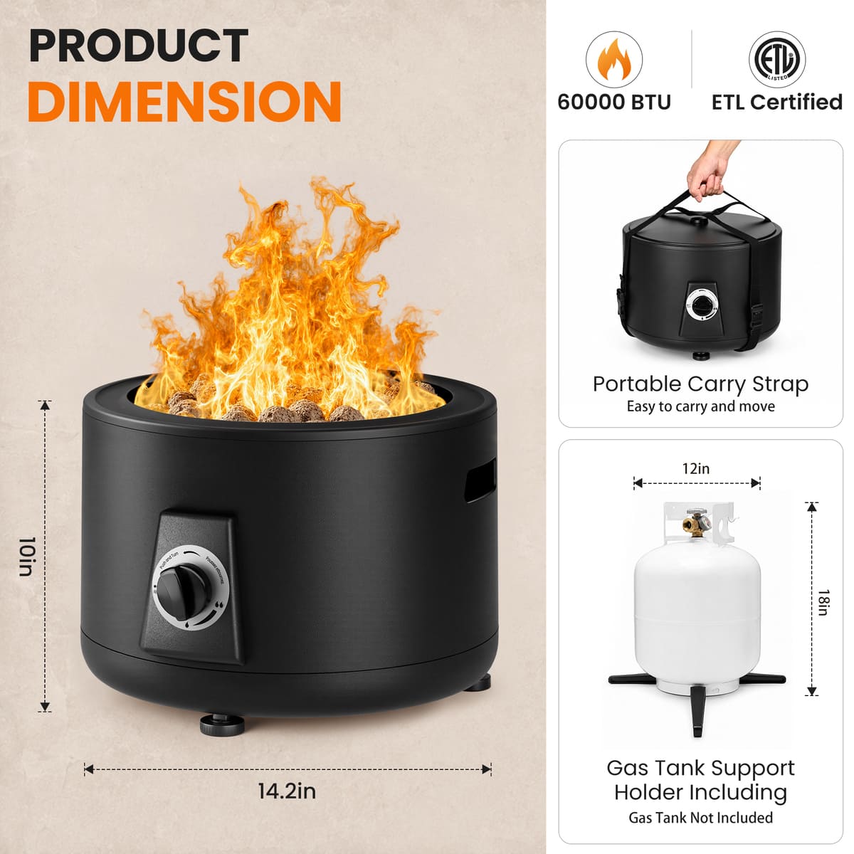 Pamapic Pyra Portable Propane Fire Pit, 60,000 BTU Smokeless
