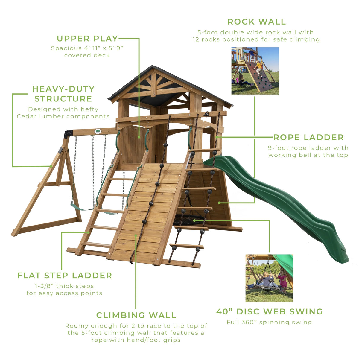Endeavor Cedar Wood Swing Set, Slide, Play Deck, Rock Wall, Rope Ladder