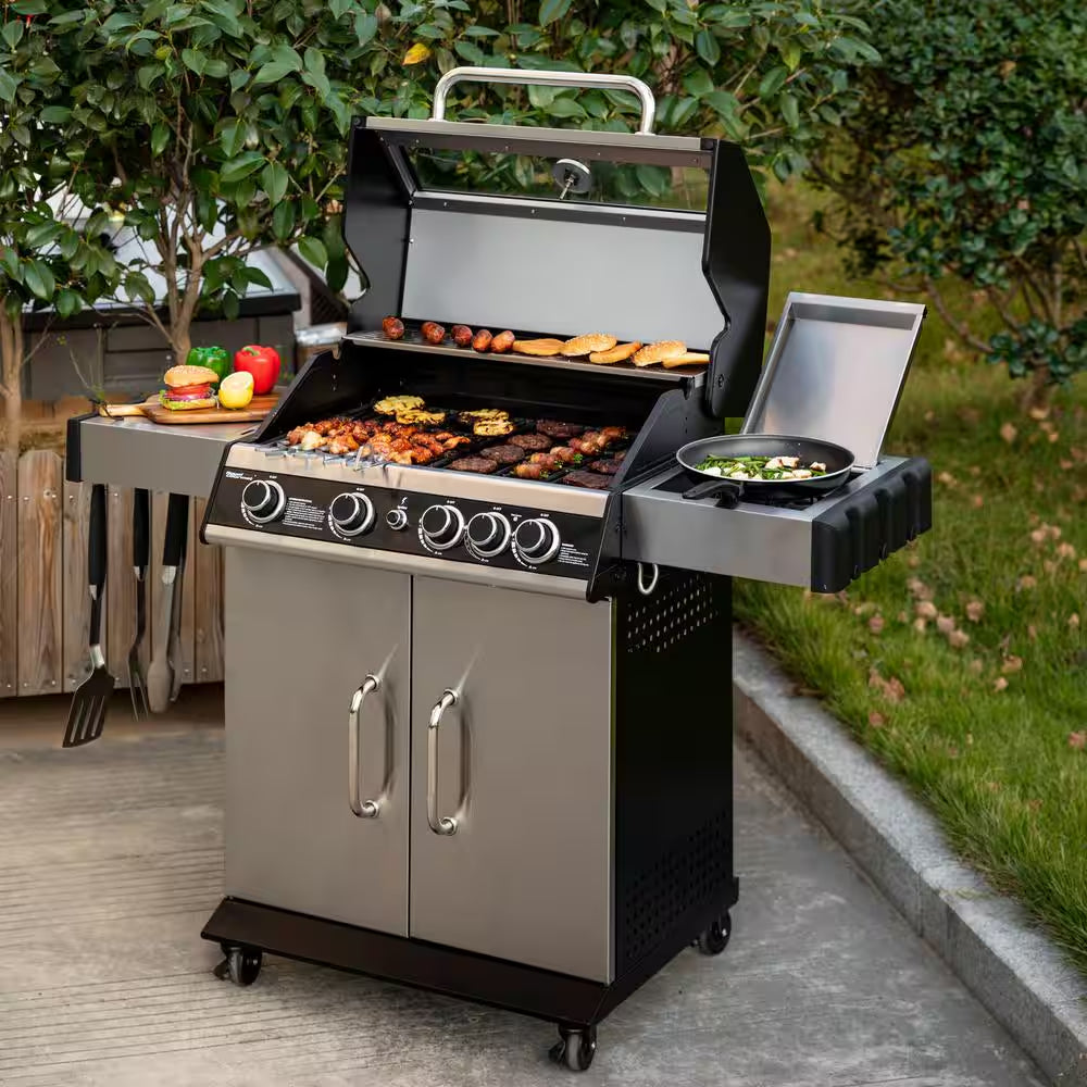4-Burner Propane Gas Grill with Side Burner with Glass Viewing Window, Cabinet Style, Silver