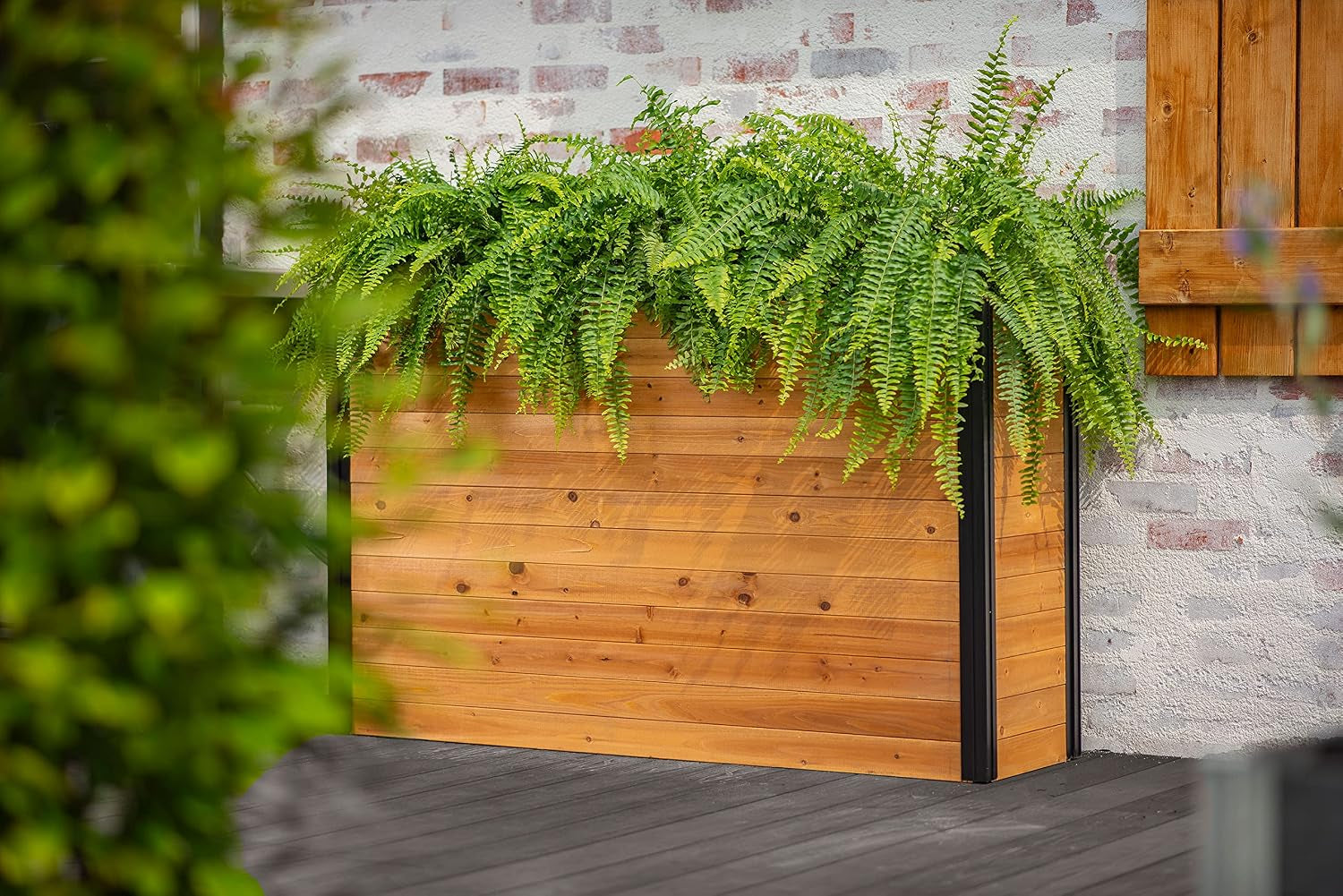 Mezza 16 Inch X 56 Inch X 33 Inch Large Cedar Wood Parklette Planter, Golden Brown with Black Aluminum Posts, FSC, Pre-Stained, Insect and Pest Repellant, Outdoor Décor, VT17716