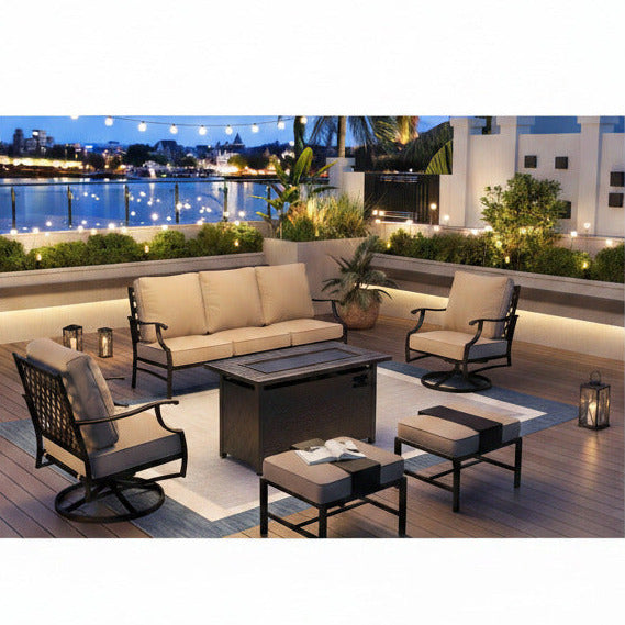 Black Metal Meshed 7 Seat 6-Piece Steel Outdoor Fire Pit Patio Set with Beige Cushions, Black Rectangular Fire Pit Table