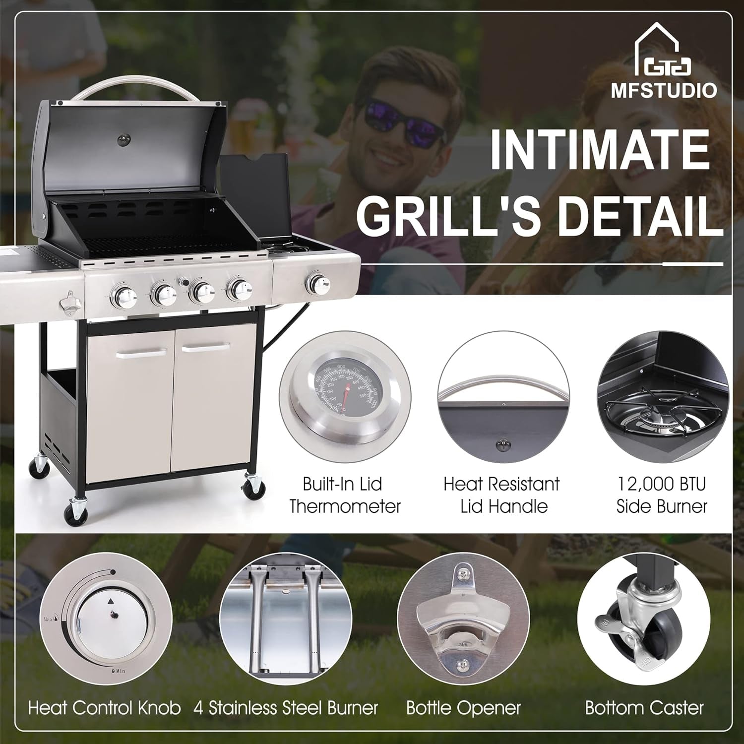 4 Burner BBQ Gas Grill with Side Burner, Stainless Steel Propane Grills with Porcelain-Enameled Cast Iron Grates, 42,000 BTU for Outdoor Backyard Barbecue Cooking, Silver