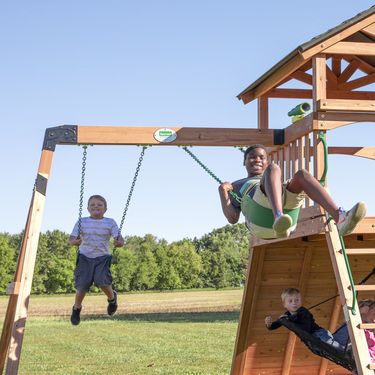 Endeavor Cedar Wood Swing Set, Slide, Play Deck, Rock Wall, Rope Ladder