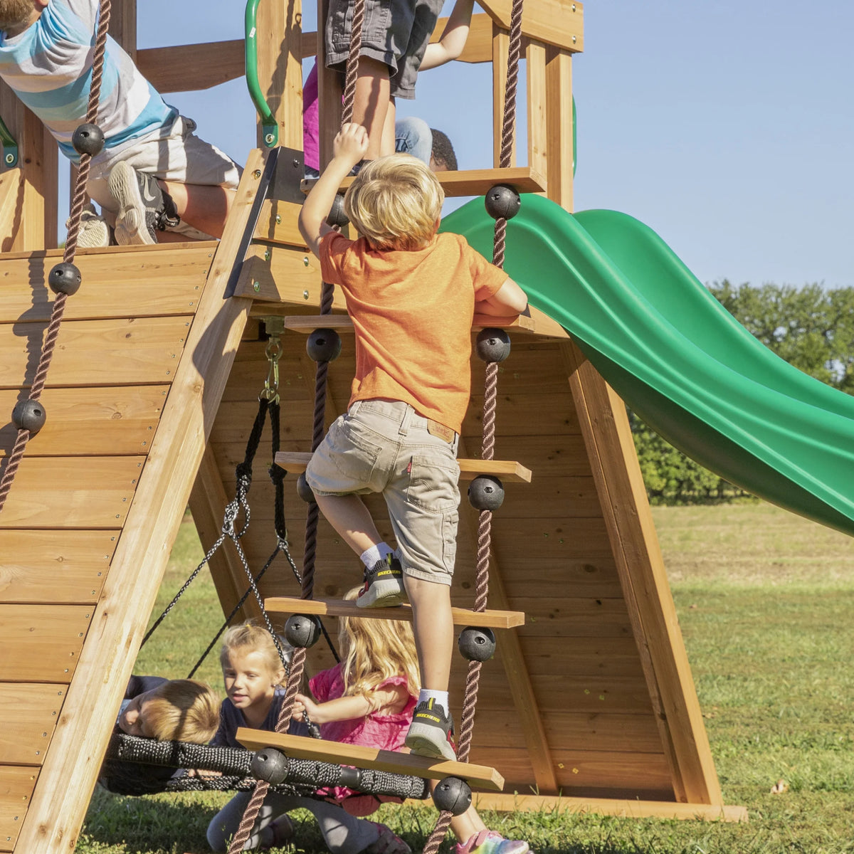 Endeavor Cedar Wood Swing Set, Slide, Play Deck, Rock Wall, Rope Ladder