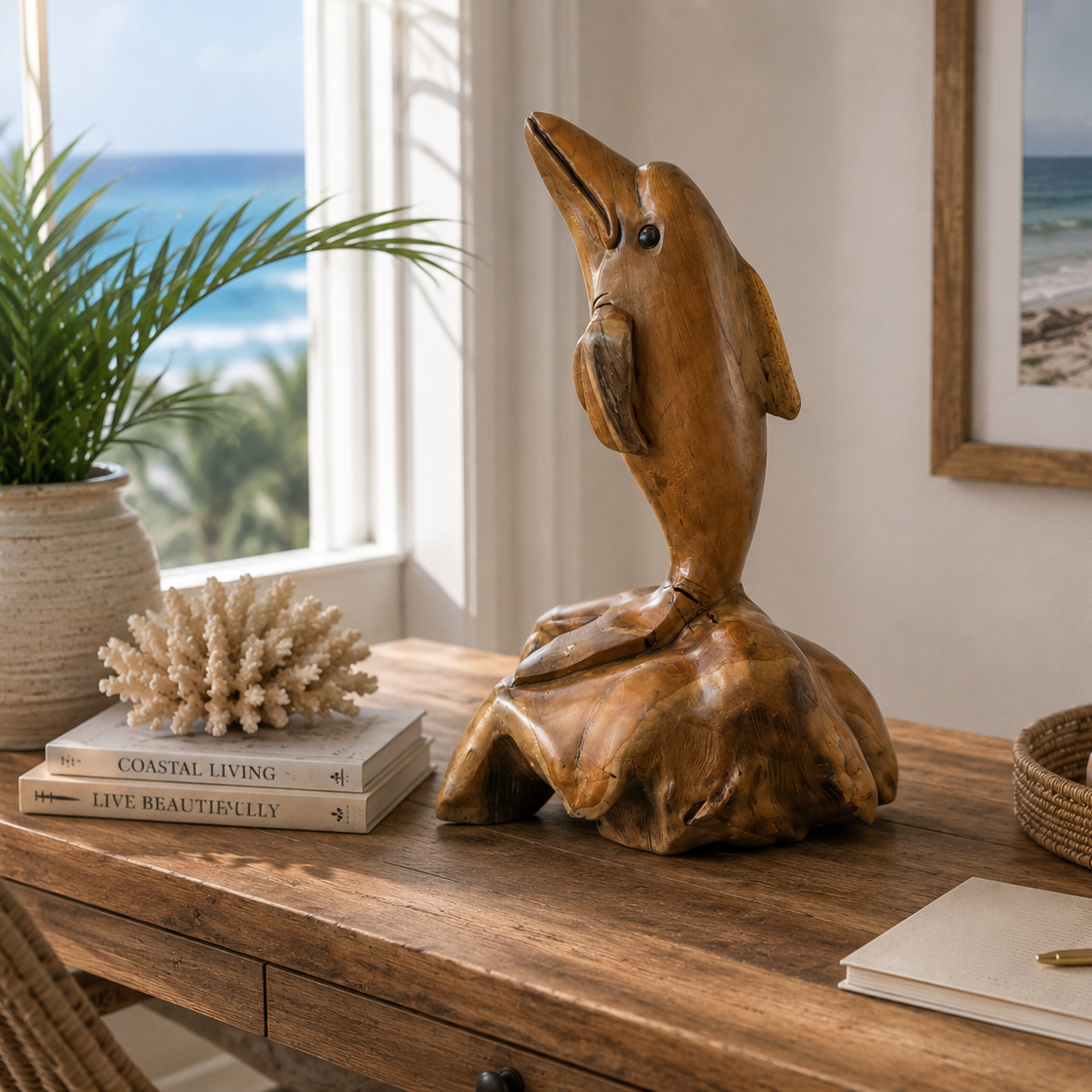 A carved wooden dolphin figurine sits on a rustic wooden table in a styled interior setting with a window showing the ocean, books, a plant, a framed beach print, and a woven tray with shells.