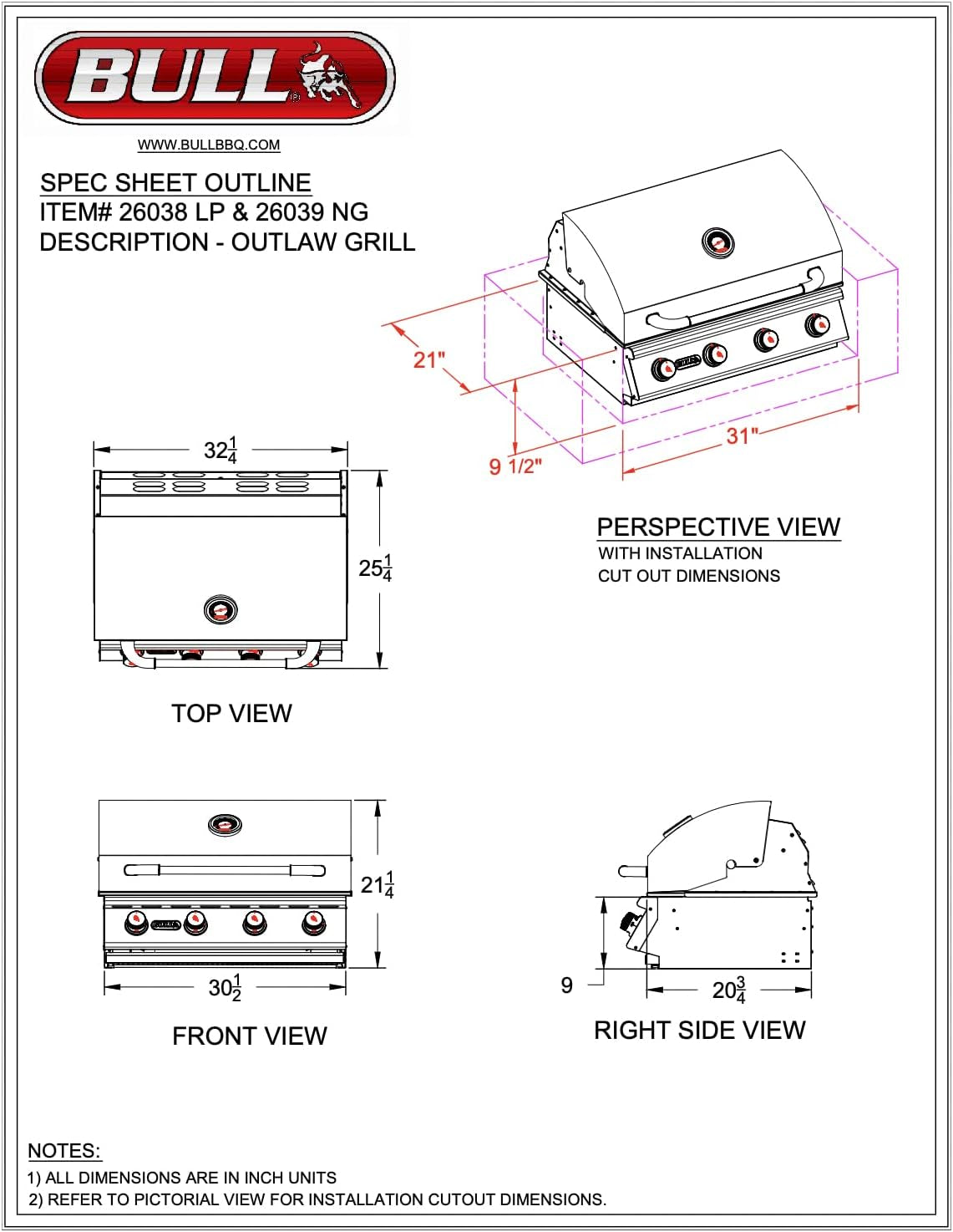 Outlaw 30-Inch Built-In Grill (BG-26039), Natural Gas