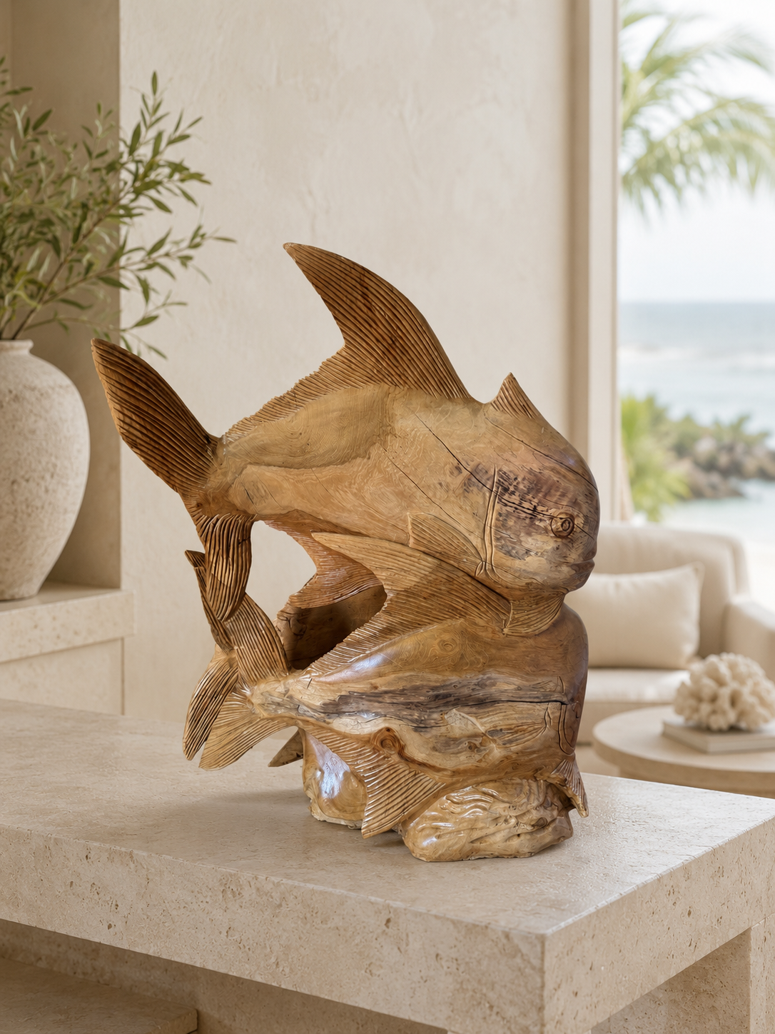 Broward Design Twin Current Hand-Carved Teak Permit Sculpture
