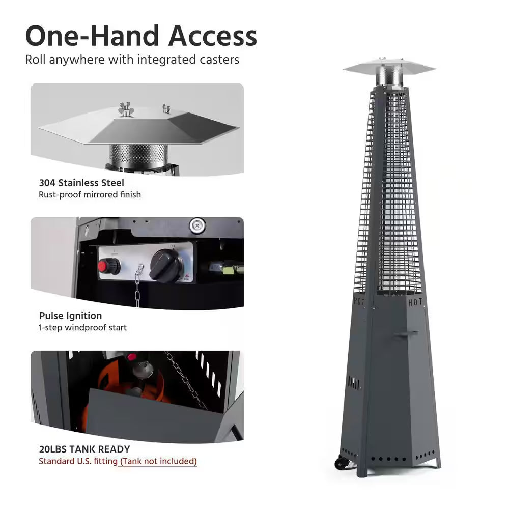 48,000 BTU Stainless Steel Pyramid Patio Flame Propane Gas Patio Heater with Wheels