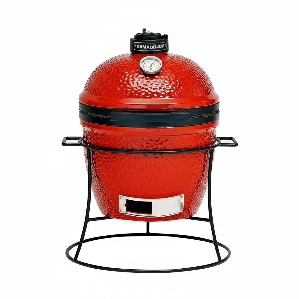 Joe Jr 13.5-Inch Portable Ceramic Charcoal Grill with Grill Stand, Stainless Steel Cooking Grate, Heat Deflectors and Ash Tool in Red, Model KJ13RH