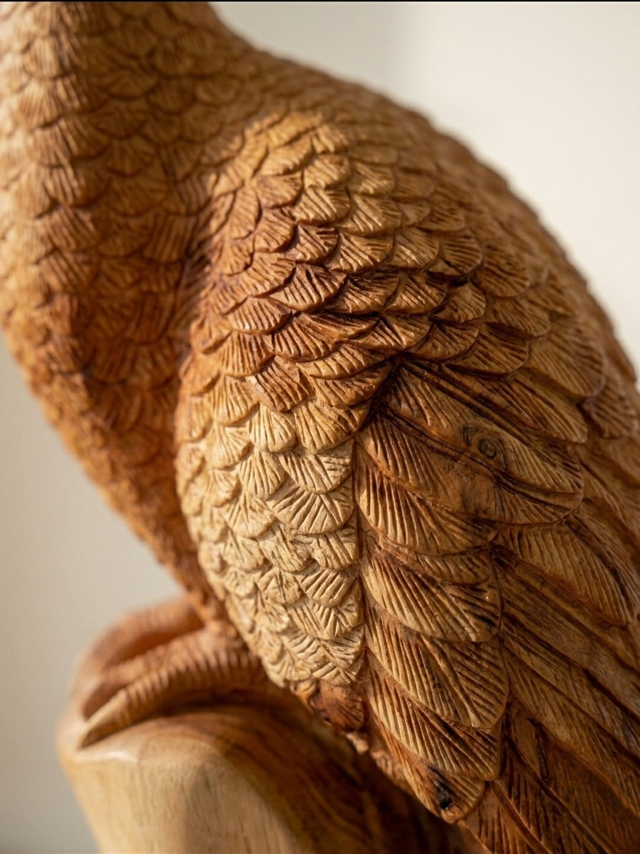 Hand-Carved Teak Peacock Sculpture