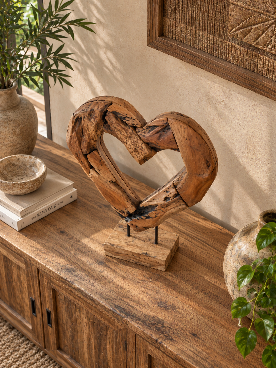 Handmade Bali Teak Heart Sculpture on Stand Medium