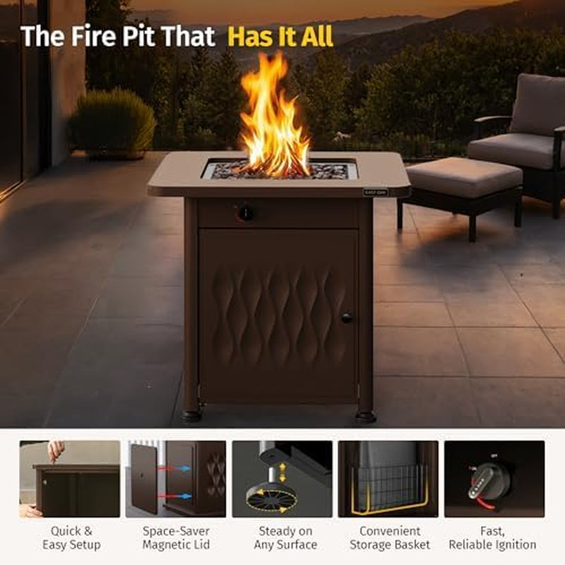 28" Outdoor Propane Fire Pit Table | 52,000 BTU Gas Fire Pit Table for outside with Magnetic Lid | Storage Basket & Lava Rocks | CSA Certified for Patio, Garden & Backyard | Brown