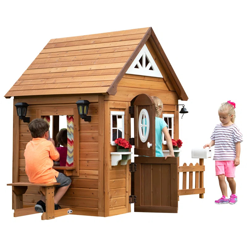 Aspen Cedar Wooden Kids Playhouse with Play Kitchen, Snack Bar Window, and Picnic Bench