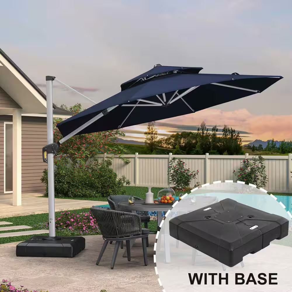 11 Ft. Octagon Windproof Aluminum 360 Rotation Cantilever Polyester Outdoor Patio Umbrella with Base, Navy Blue