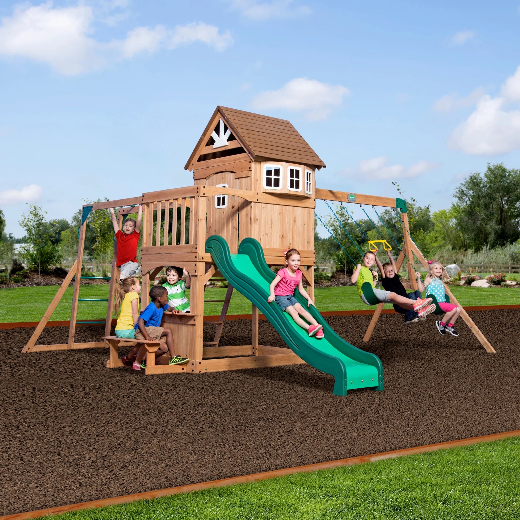 Montpelier Cedar Wood Swing Set, Slide, Clubhouse, Monkey Bars