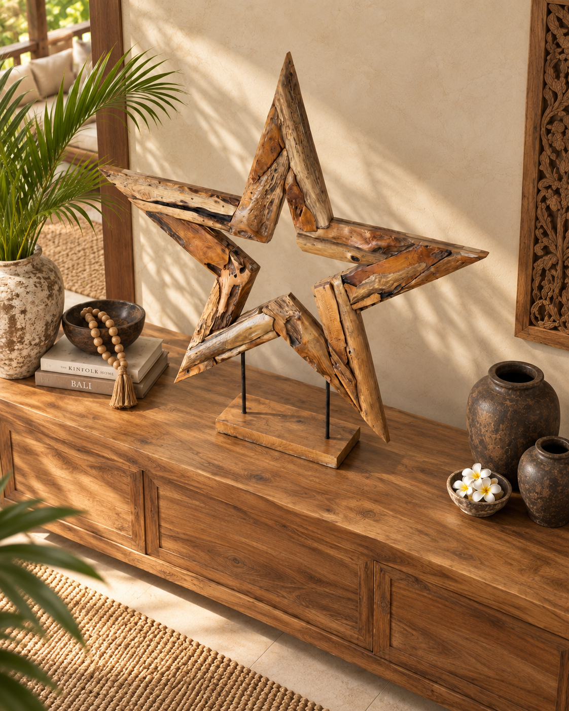 Broward Design Center Hand-Carved Bali Teak Star Sculpture on Stand – Large