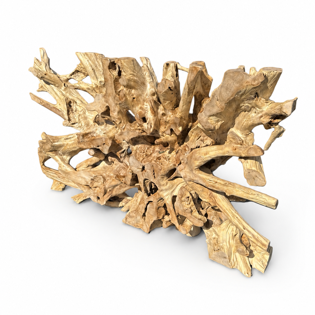 A natural driftwood sculpture with an organic, branching shape, finished in a warm golden-brown tone, shown on a plain white background.