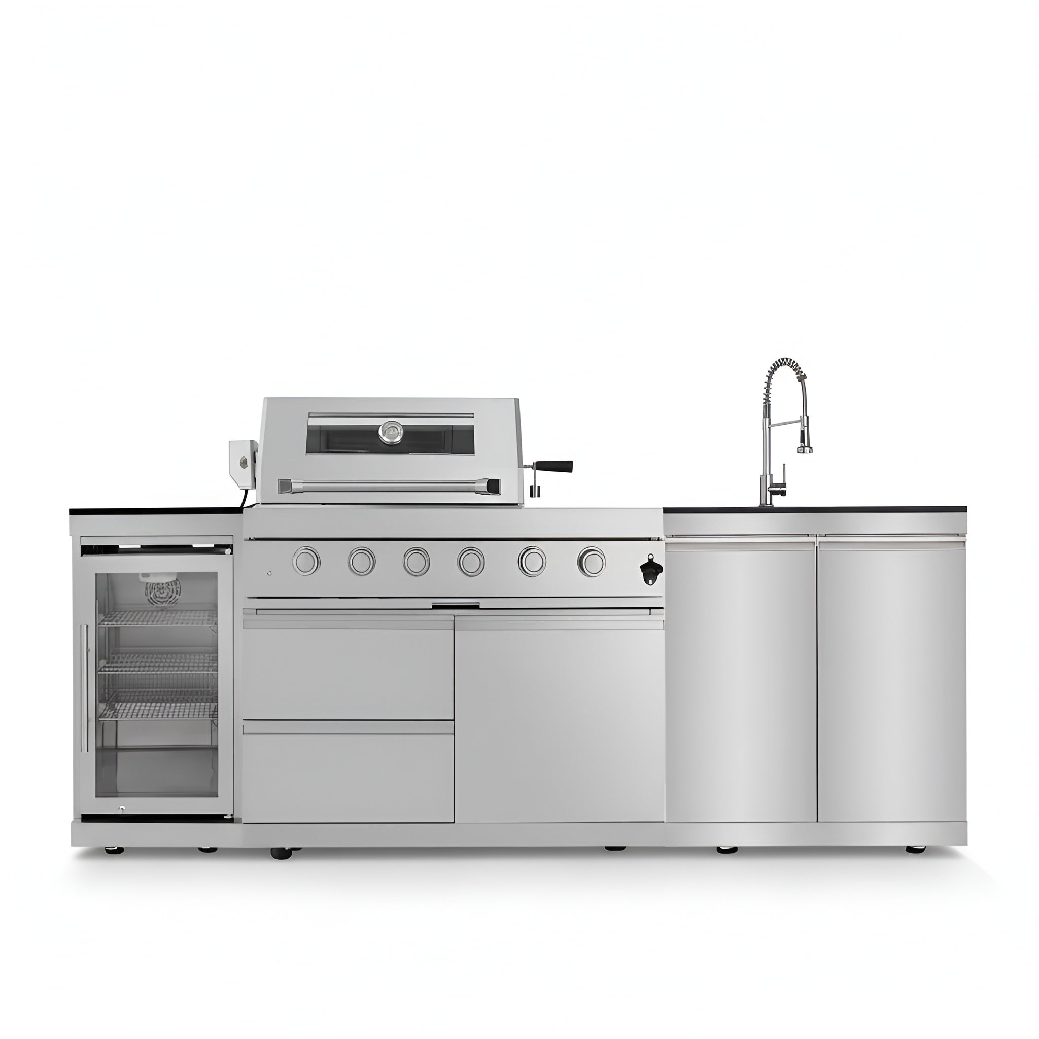 Stainless steel outdoor kitchen island with grill, sink, and refrigerator 
