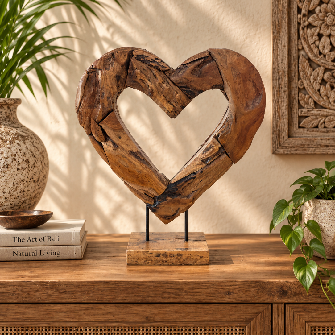 A rustic heart-shaped wooden sculpture made from natural wood branches, displayed on a small black metal stand on a wooden console table. The setting is styled with a potted plant, a ceramic vase, a book, and a carved wooden wall panel in warm, natural light.