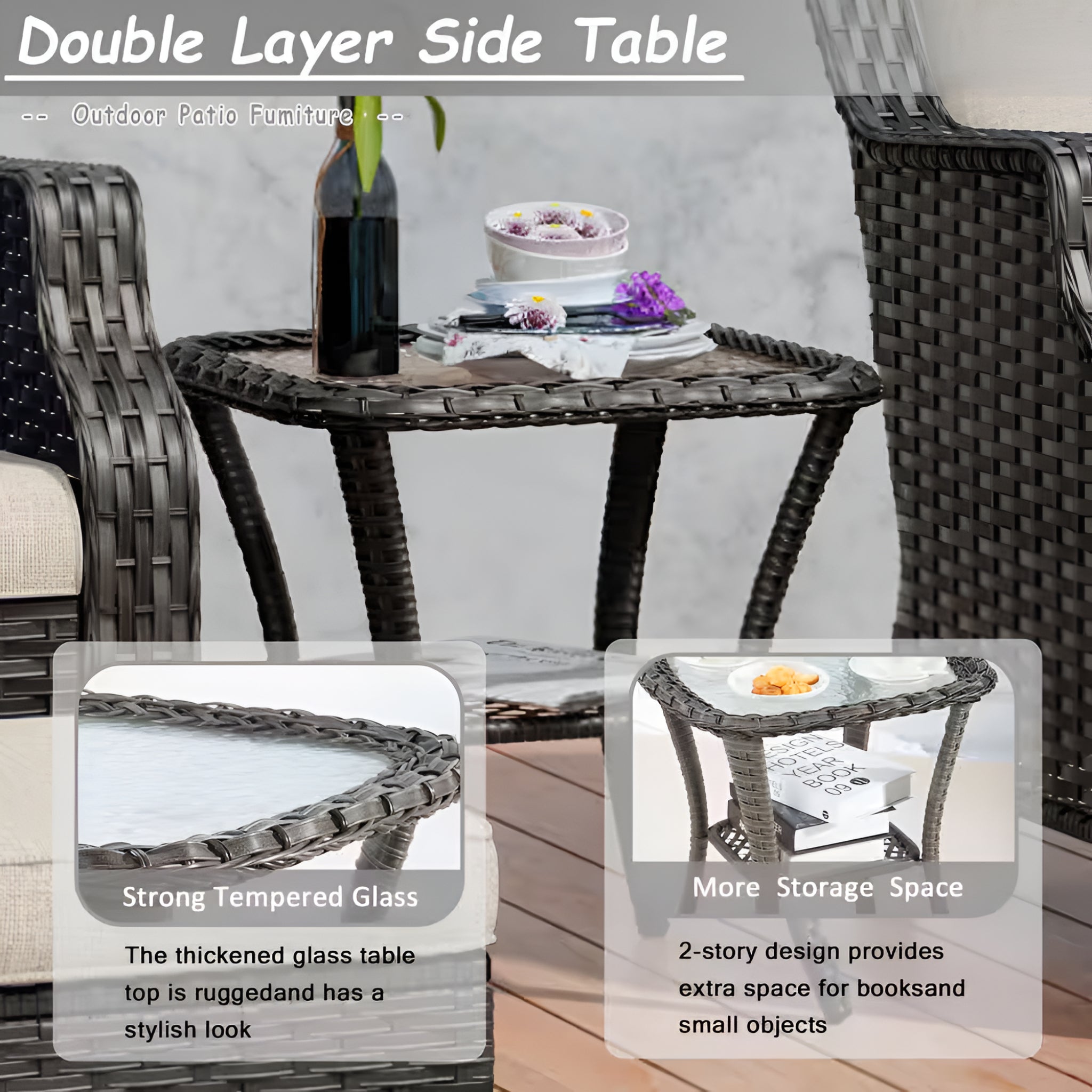 Outdoor patio furniture set with a double layer side table, featuring tempered glass top and storage space.