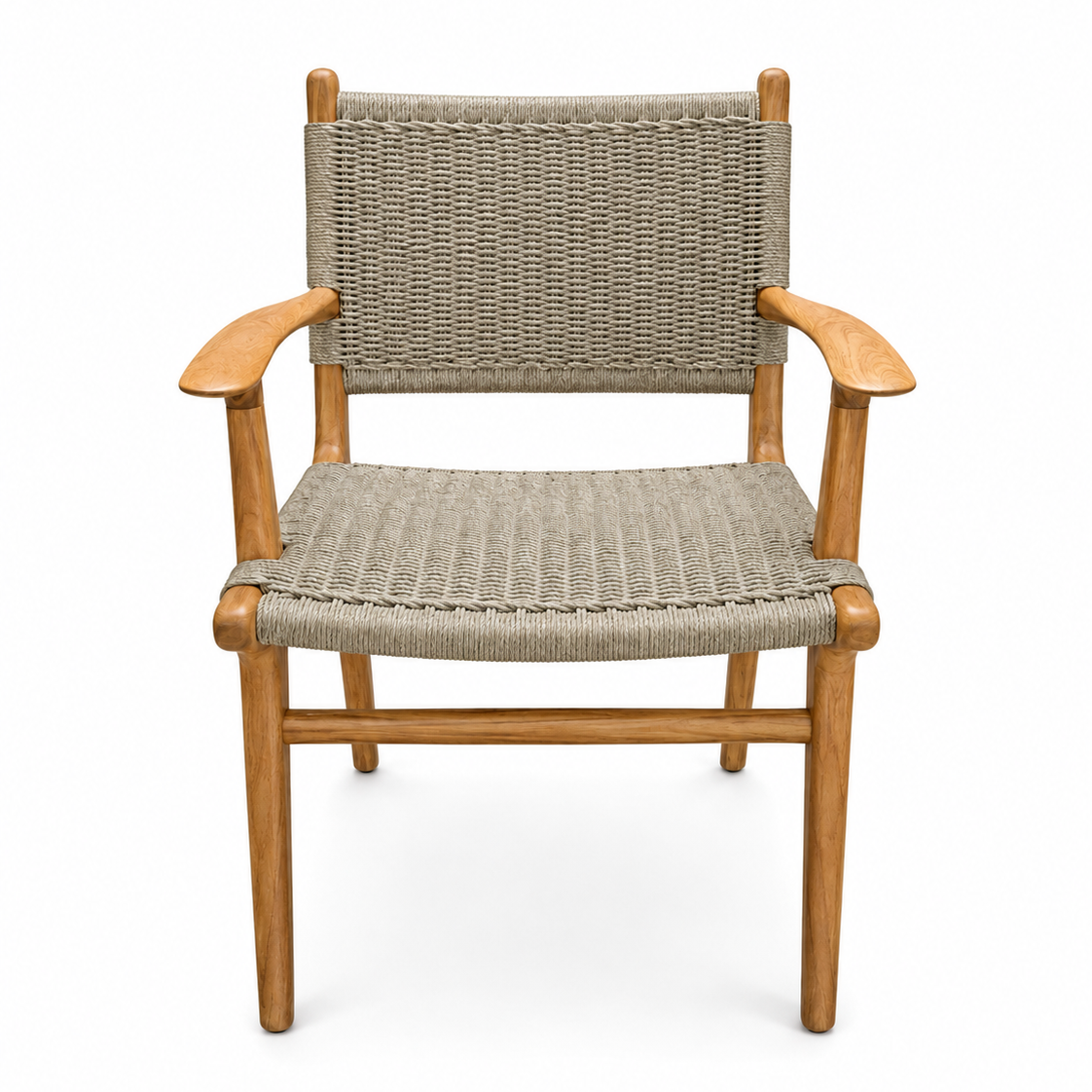 A mid-century modern outdoor armchair with a light brown wooden frame and woven beige rope seats and backrest, shown against a plain white background.
