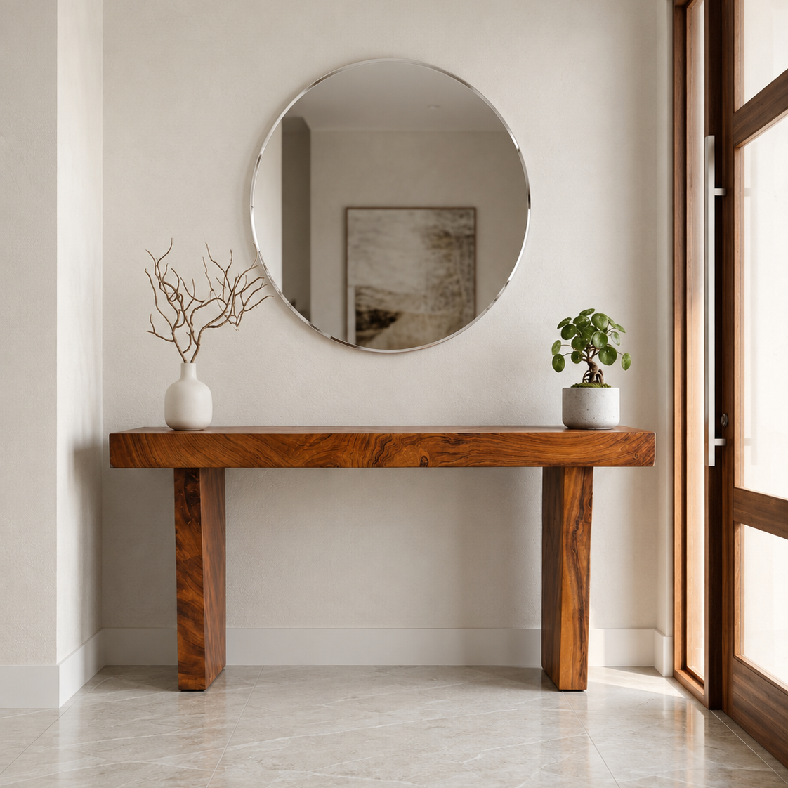 A round wall mirror with a natural wood frame hangs above a rustic wooden console table in a bright, modern entryway. A white vase with dried branches sits on the left, and a small potted green plant is on the right.