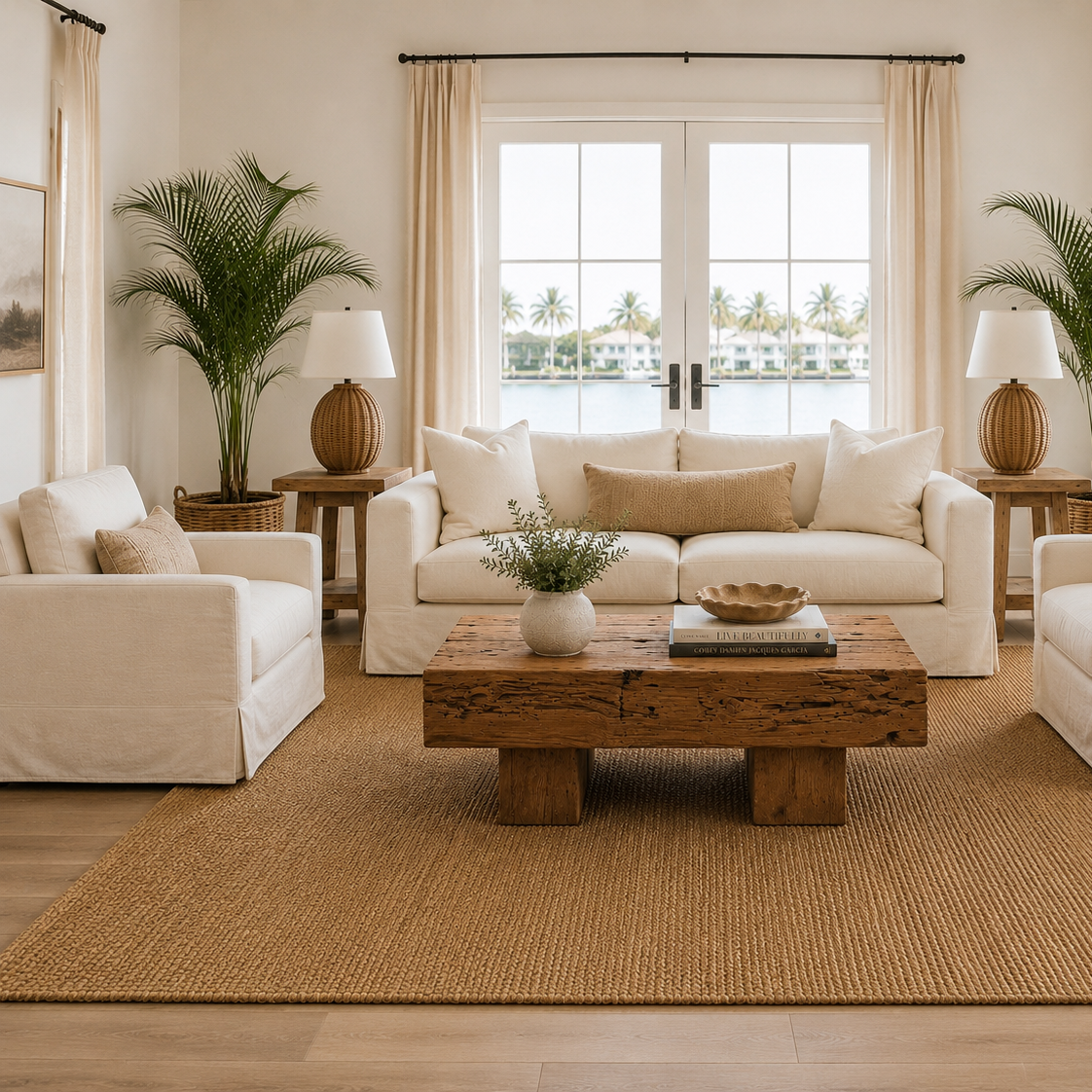 Rare Teak Coffee Table in sunny room with white comfortable seating
