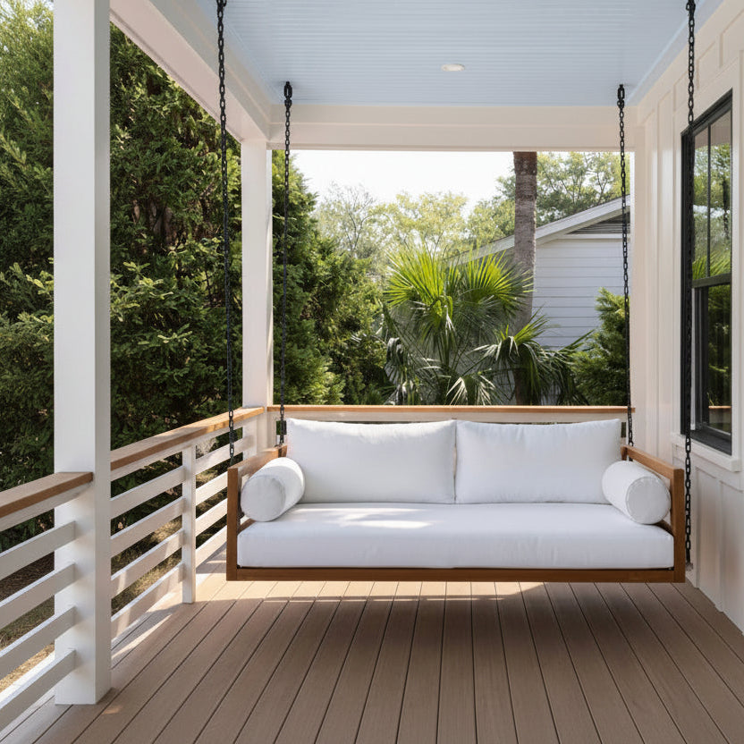A wooden hanging porch swing with thick white cushions and white cylindrical pillows, suspended by black chains from a white porch ceiling, set on a wooden deck with a garden view.