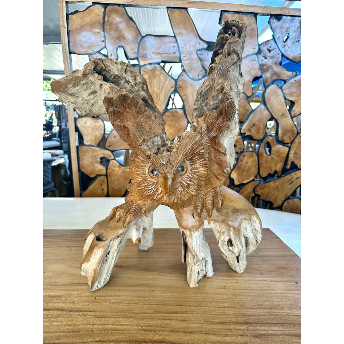 The Broward Design Center Hand-Carved Indonesian Teak Owl Sculpture