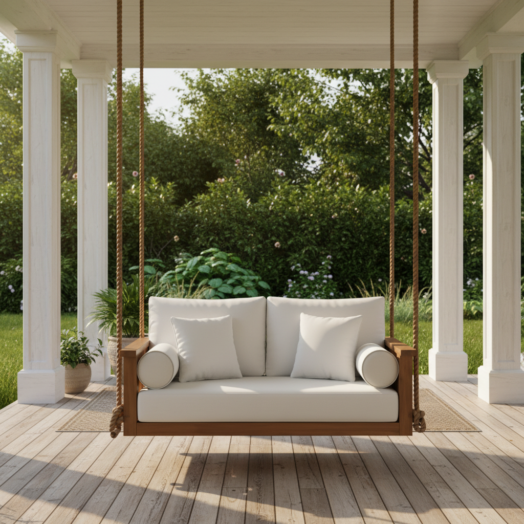 A wooden porch swing chaise with white cushions and cylindrical pillows, suspended by thick ropes on a white-beamed porch with palm trees in the background.