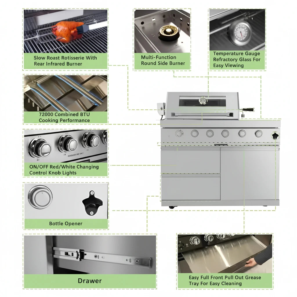 Stainless steel grill with various features 