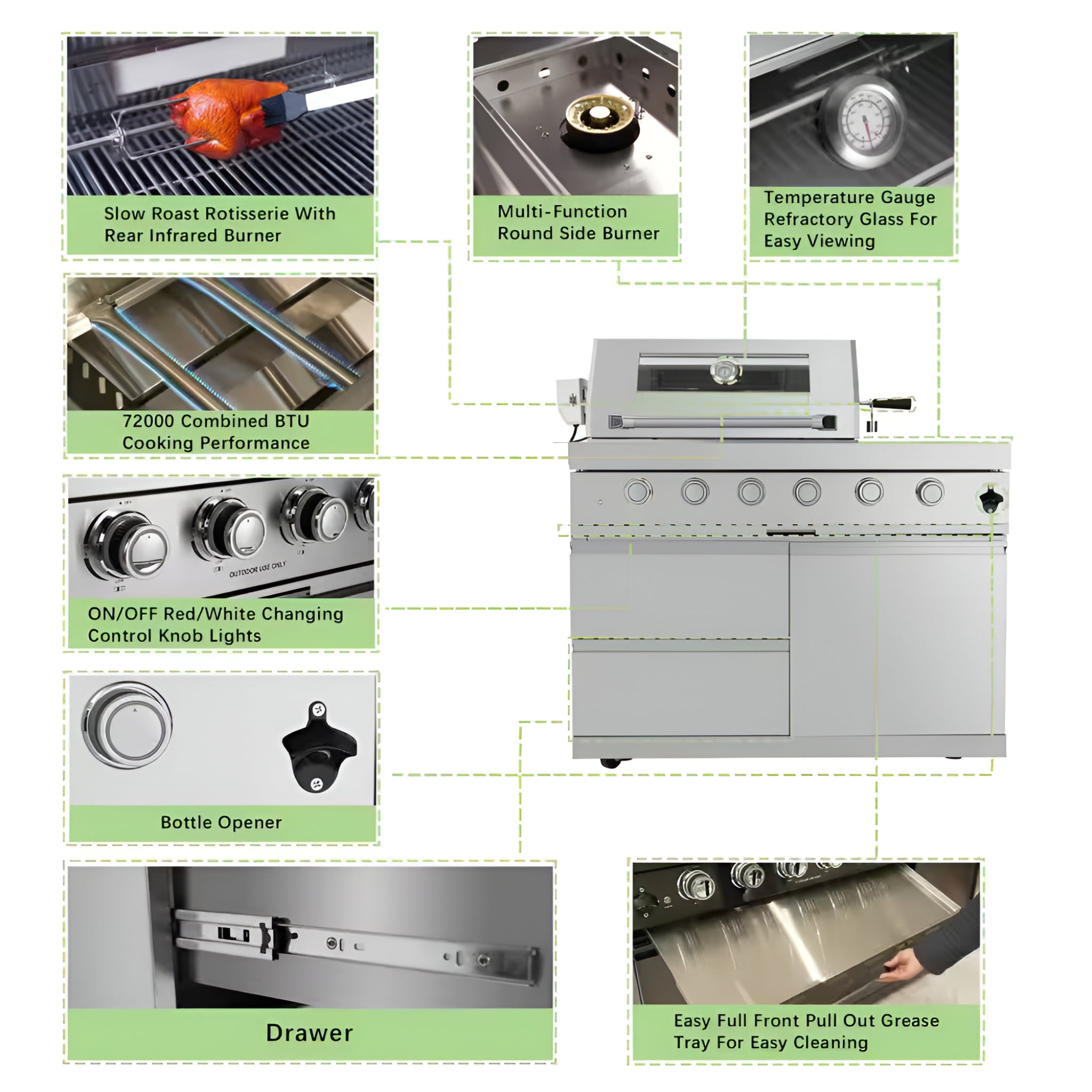 Stainless steel grill with various features 