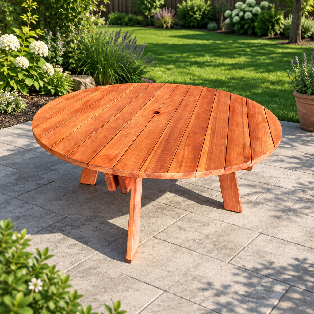 Wooden round table on a concrete surface with grass in the background