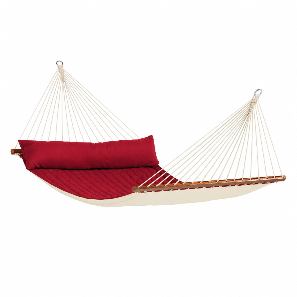 Red hammock with wooden bars and white ropes on a white background