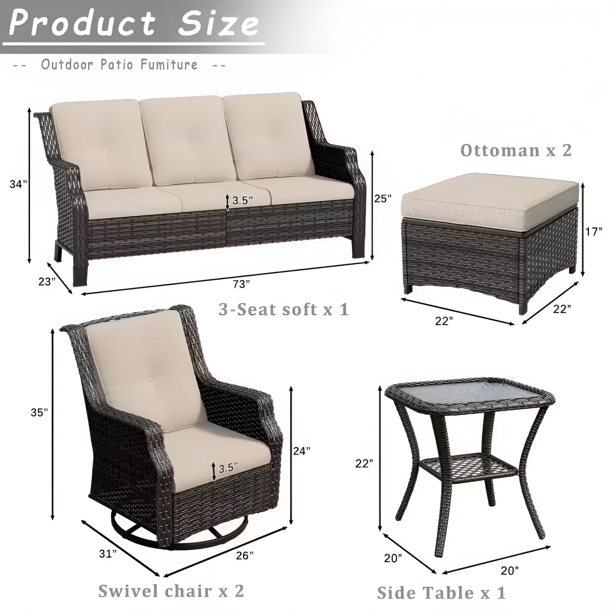 Outdoor patio furniture set with dimensions 